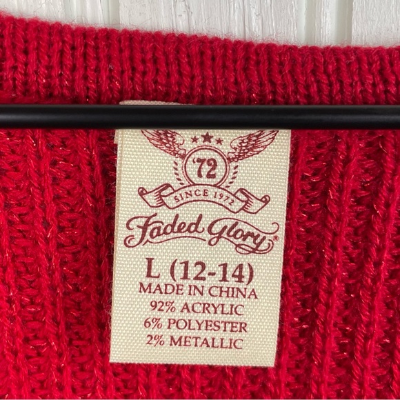 Faded Glory Ribbed Knit V-neck Sweater Metallic Thread Bright Red Size Large - Picture 4 of 6